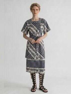 Handmade White Linen Black Geometric Floral Print Belted Midi Dress, Size 8